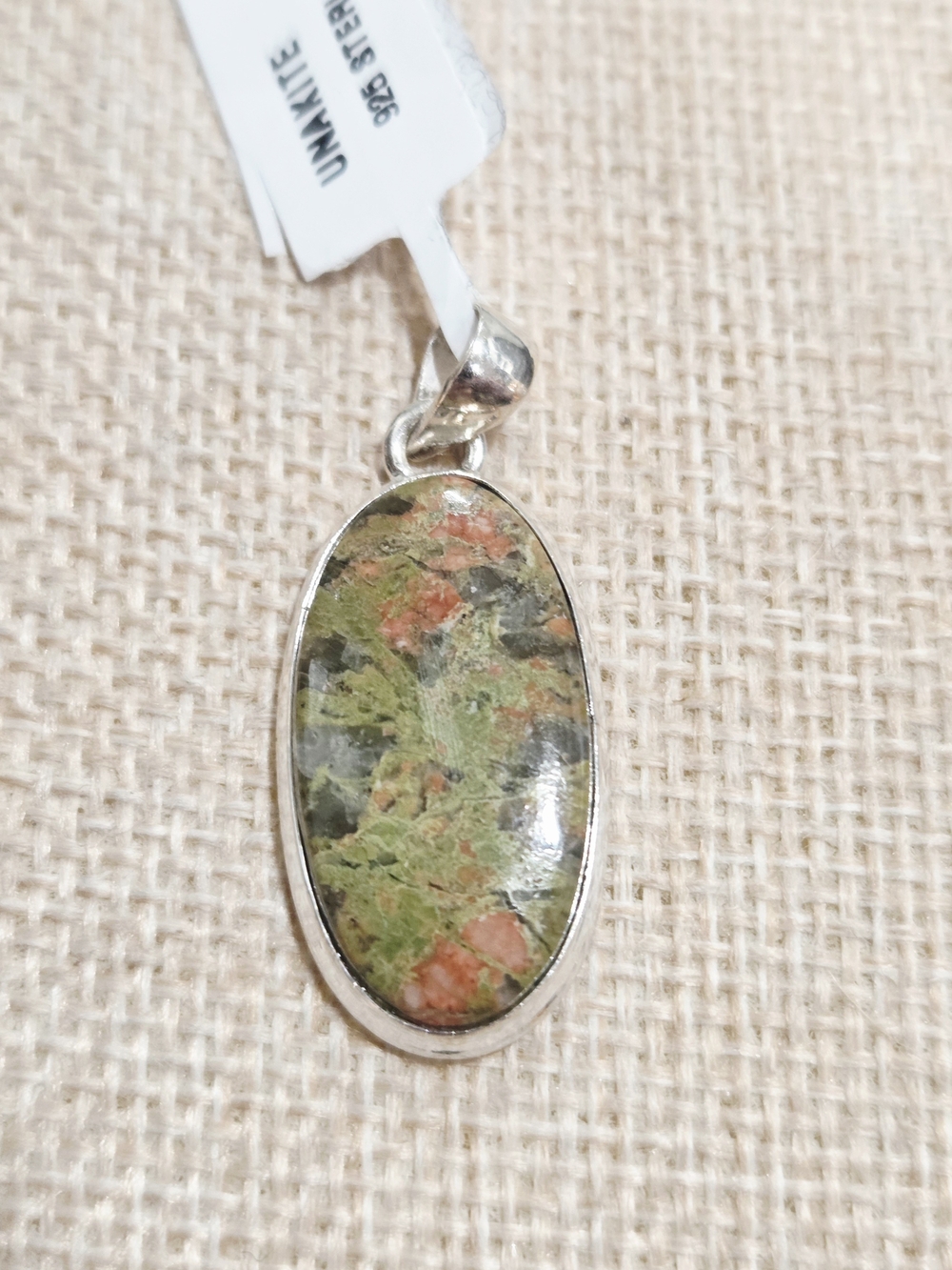 Unakite Oval Sterling Silver Pendant - Green and Pink